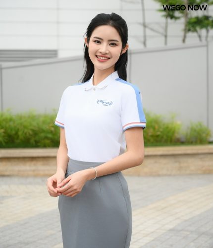 Áo thun phông đồng phục Spring Blooming màu trắng phối xanh