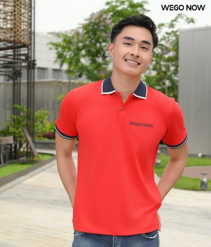 Áo phông thun đồng phục Minimal Polo: Màu đỏ tươi cổ dệt xanh đen viền trắng 02