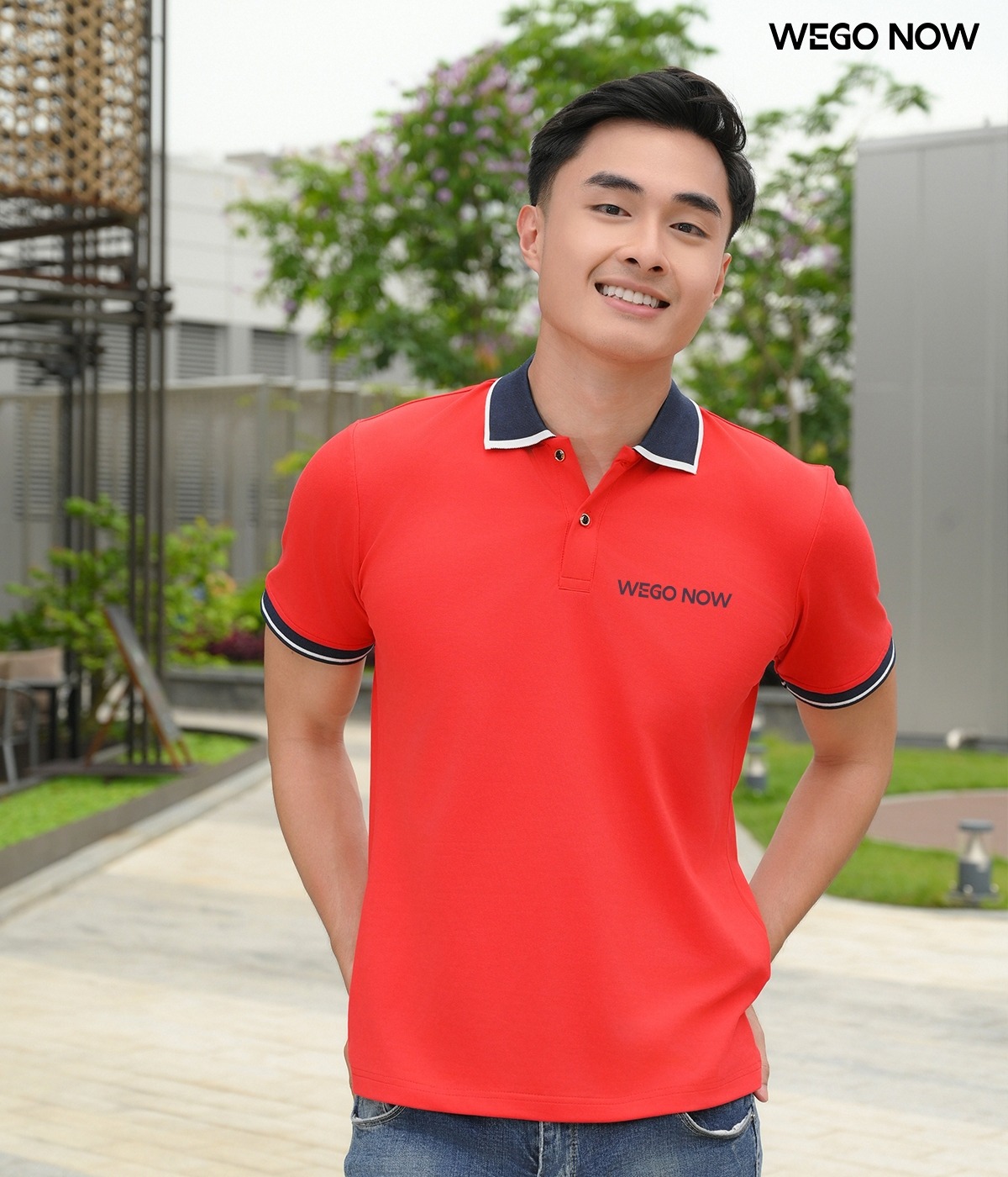 Áo phông thun đồng phục Minimal Polo: Màu đỏ tươi cổ dệt xanh đen viền trắng 02