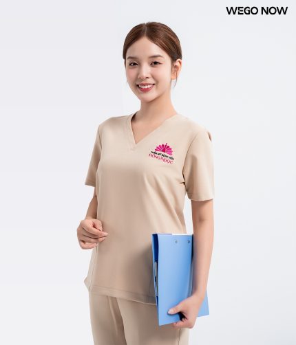 Đồng phục spa Màu nude cổ V 01