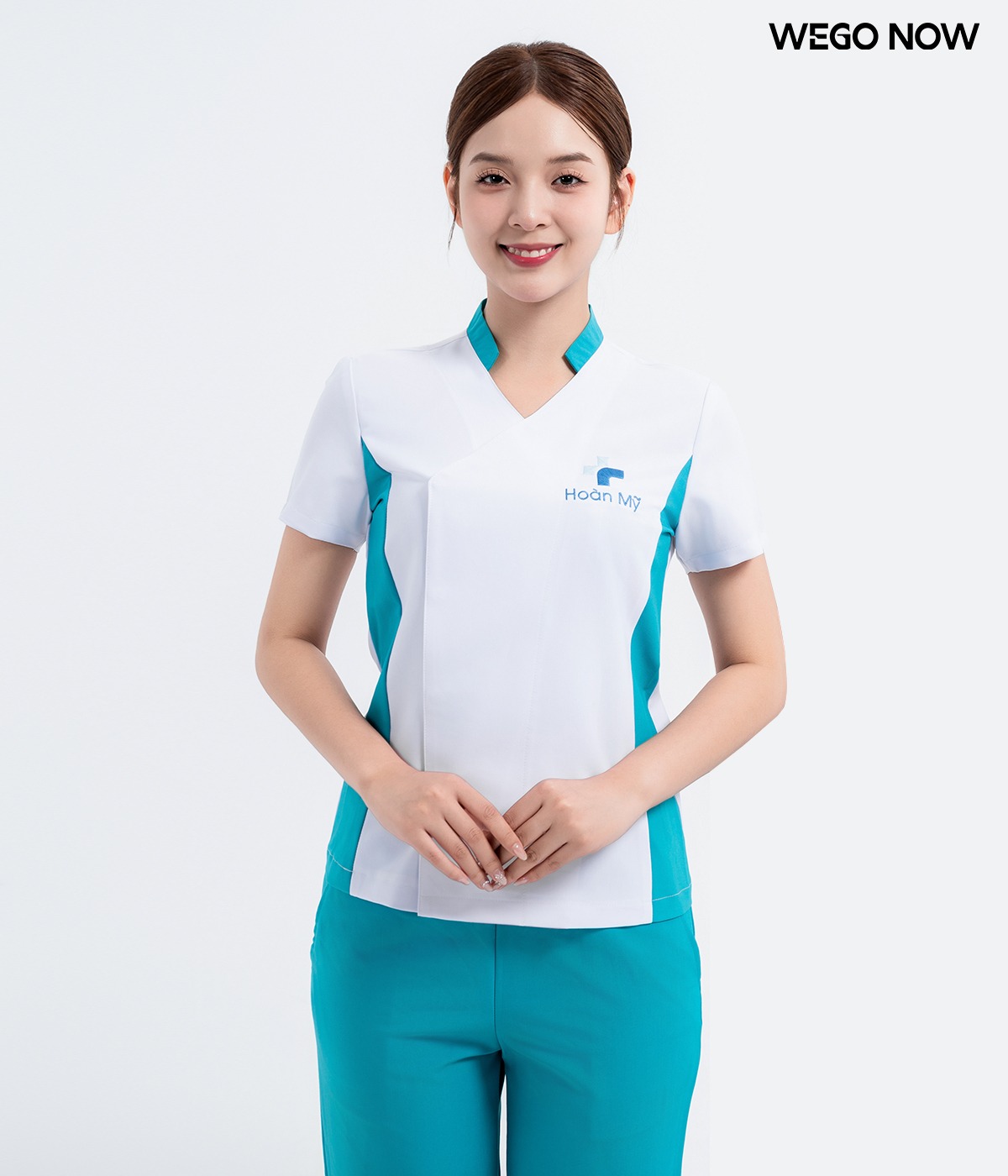 Đồng phục spa Màu trắng phối xanh 01