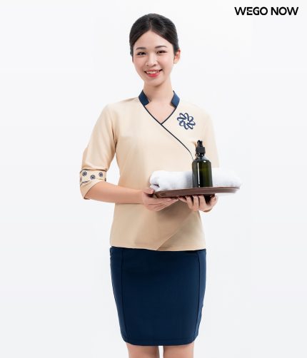 Đồng phục spa vạt chéo Màu be phối xanh 01
