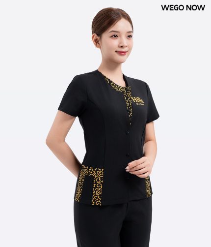 Đồng phục spa Màu đen thêu phối nẹp 01
