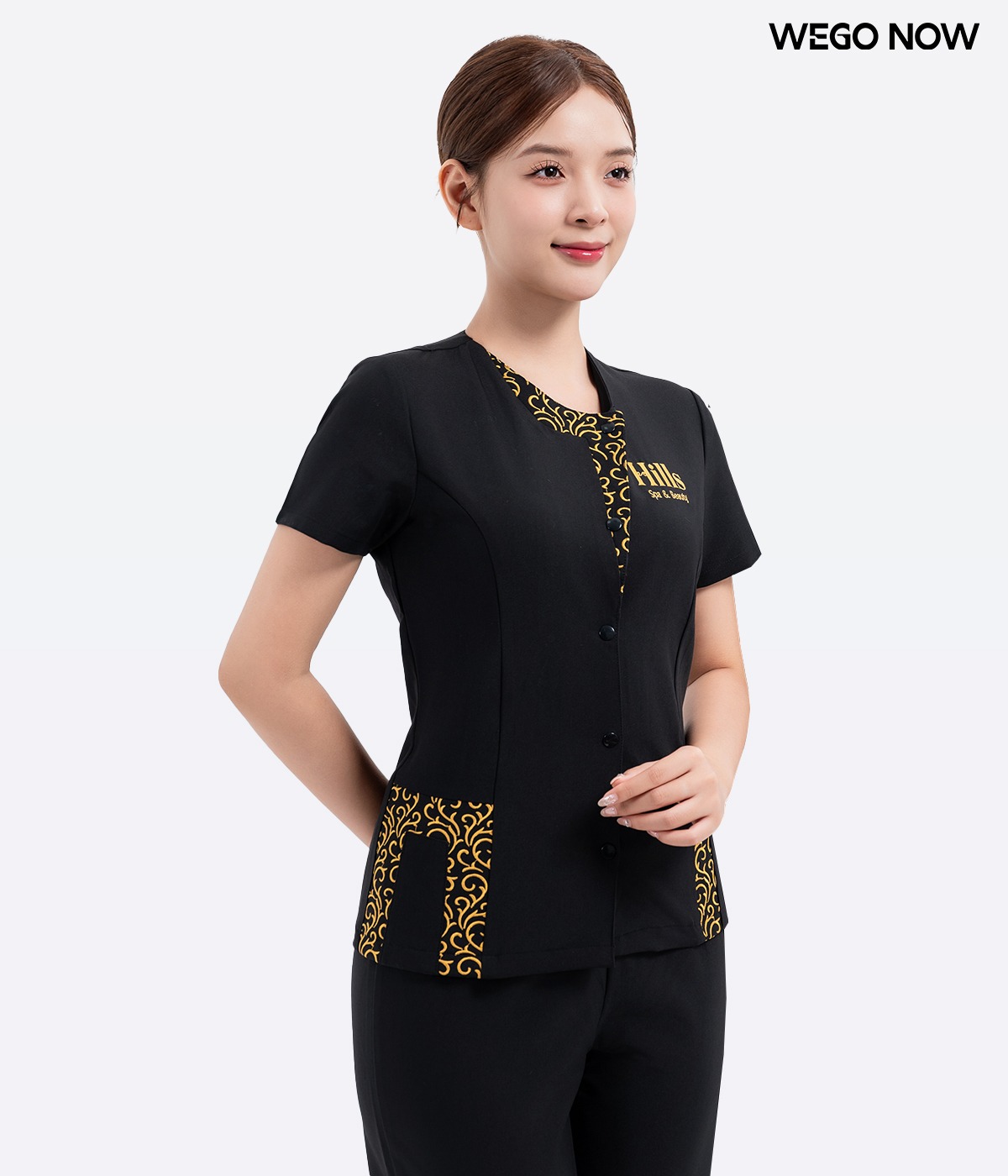 Đồng phục spa Màu đen thêu phối nẹp 01