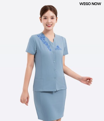 Đồng phục spa Màu xanh xám cổ cách điệu 01