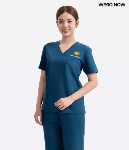 Đồng phục spa Màu lông công cổ V 01