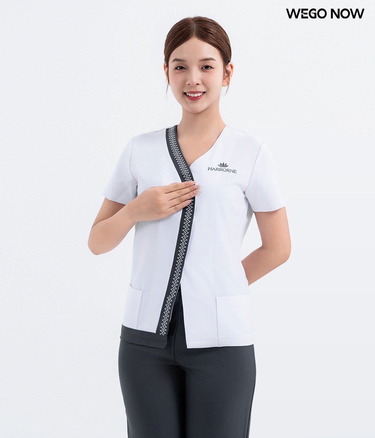 Đồng phục spa Màu trắng phối xám 02
